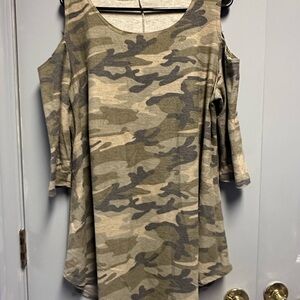 Camouflage Open Shoulder Long Sleeve Top